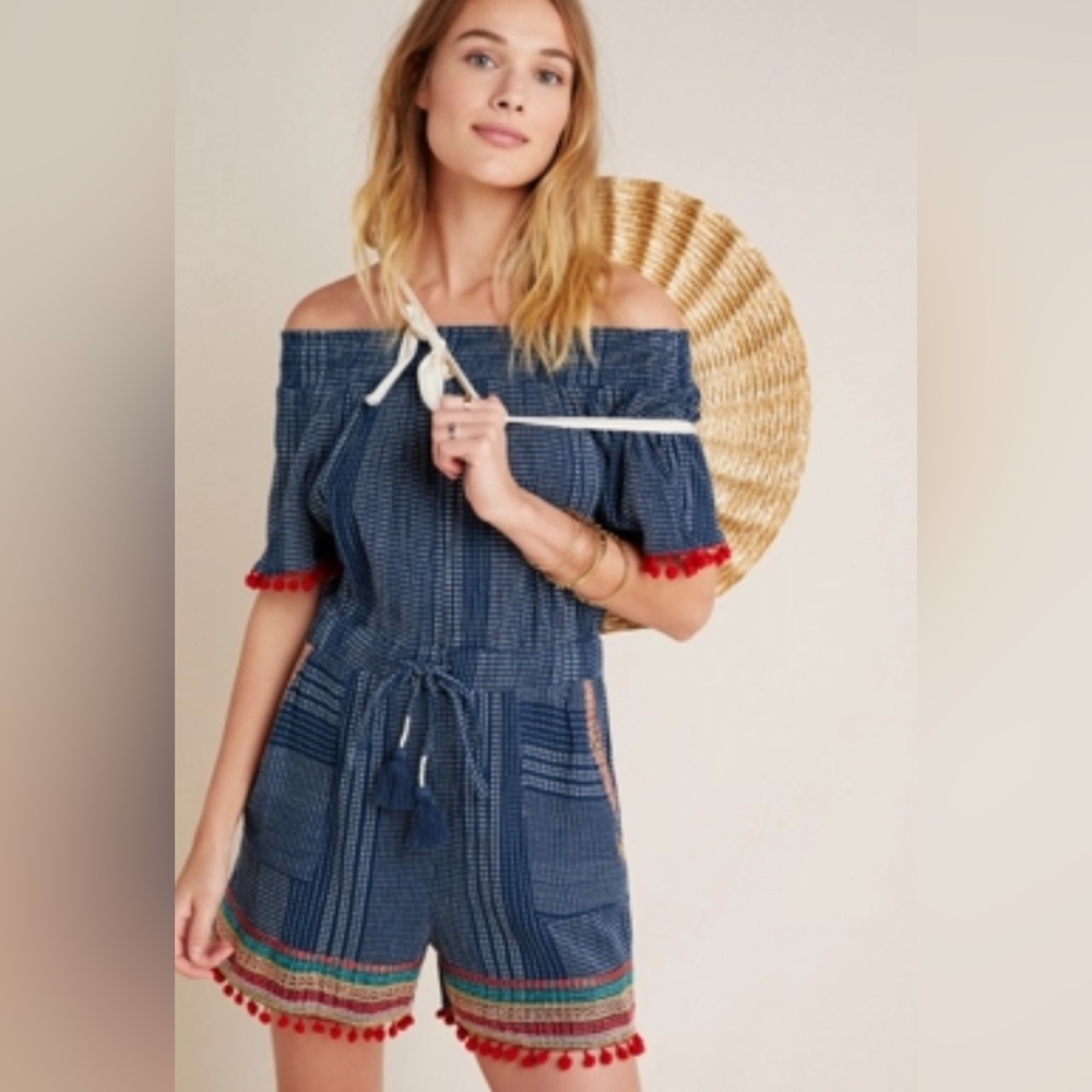 Anthropologie Blue and Red Off-Shoulder Romper